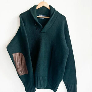 Vintage Polo Ralph Lauren Forest Green Wool Pullover with Leather Patches XL